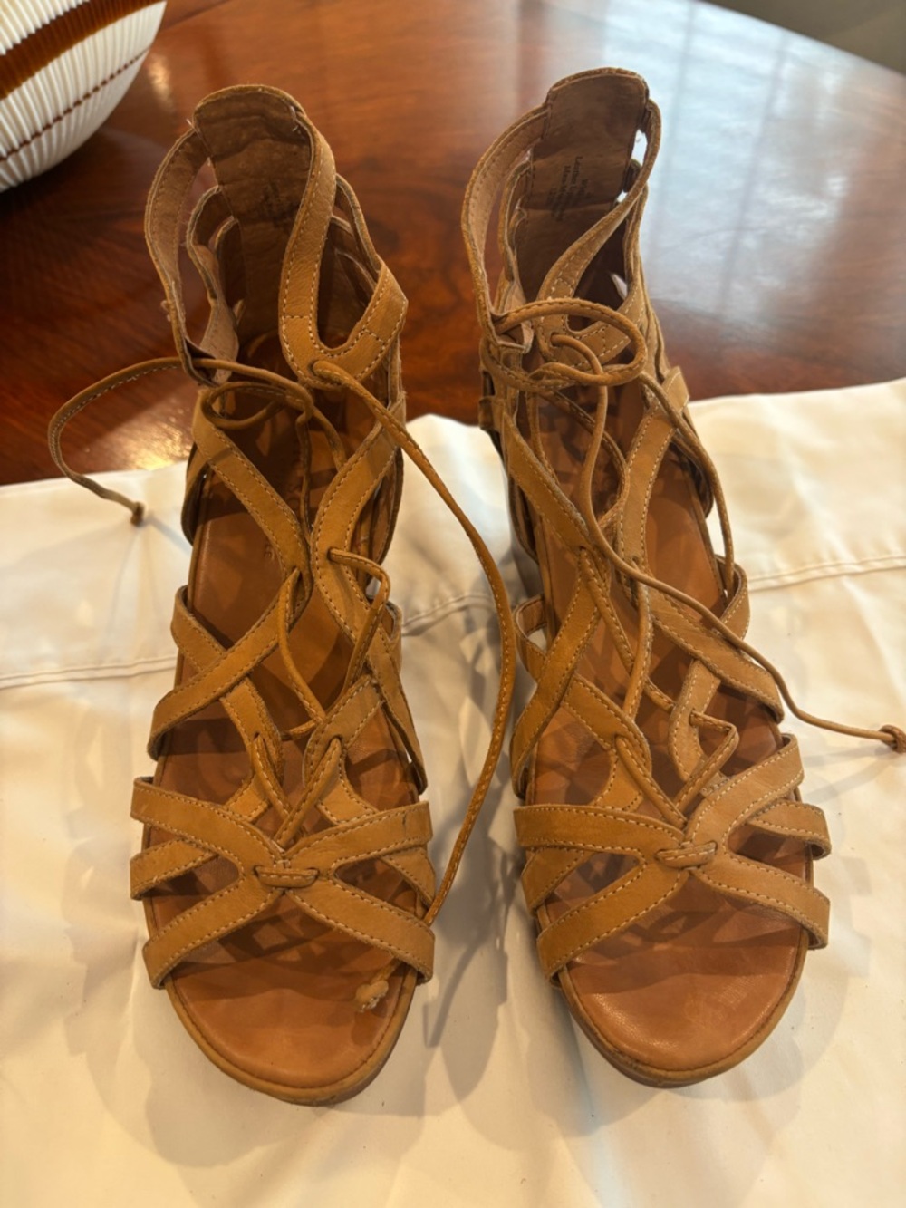 Gentle Souls by Kenneth Cole 'Joy' lace-up wedge sandals in tan leather. 8.5